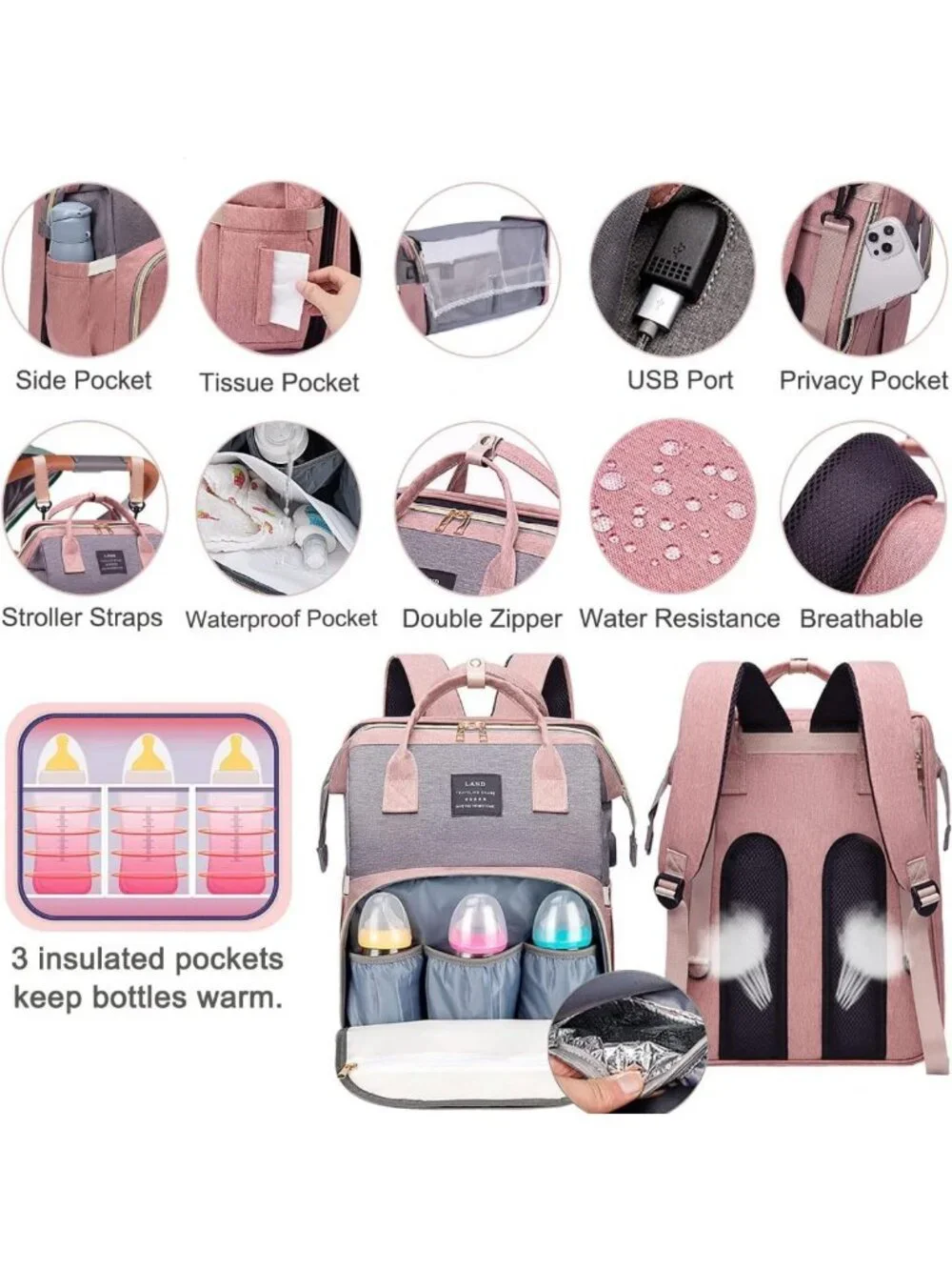 Stylish Waterproof Diaper Bag Backpack with Changing Station & USB Port - Large